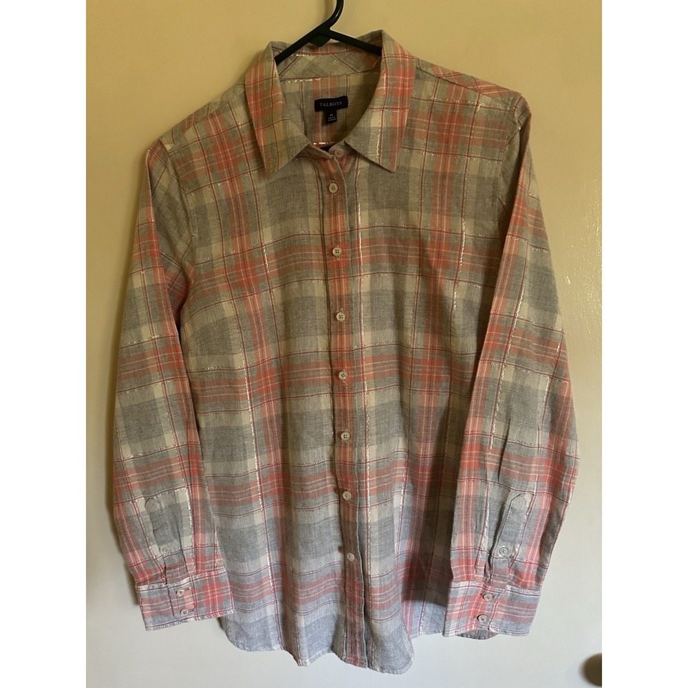 Talbots Women's LS Med Cotton Blend Shirt Peach Grey Plaid Lt Weight Cabin EC